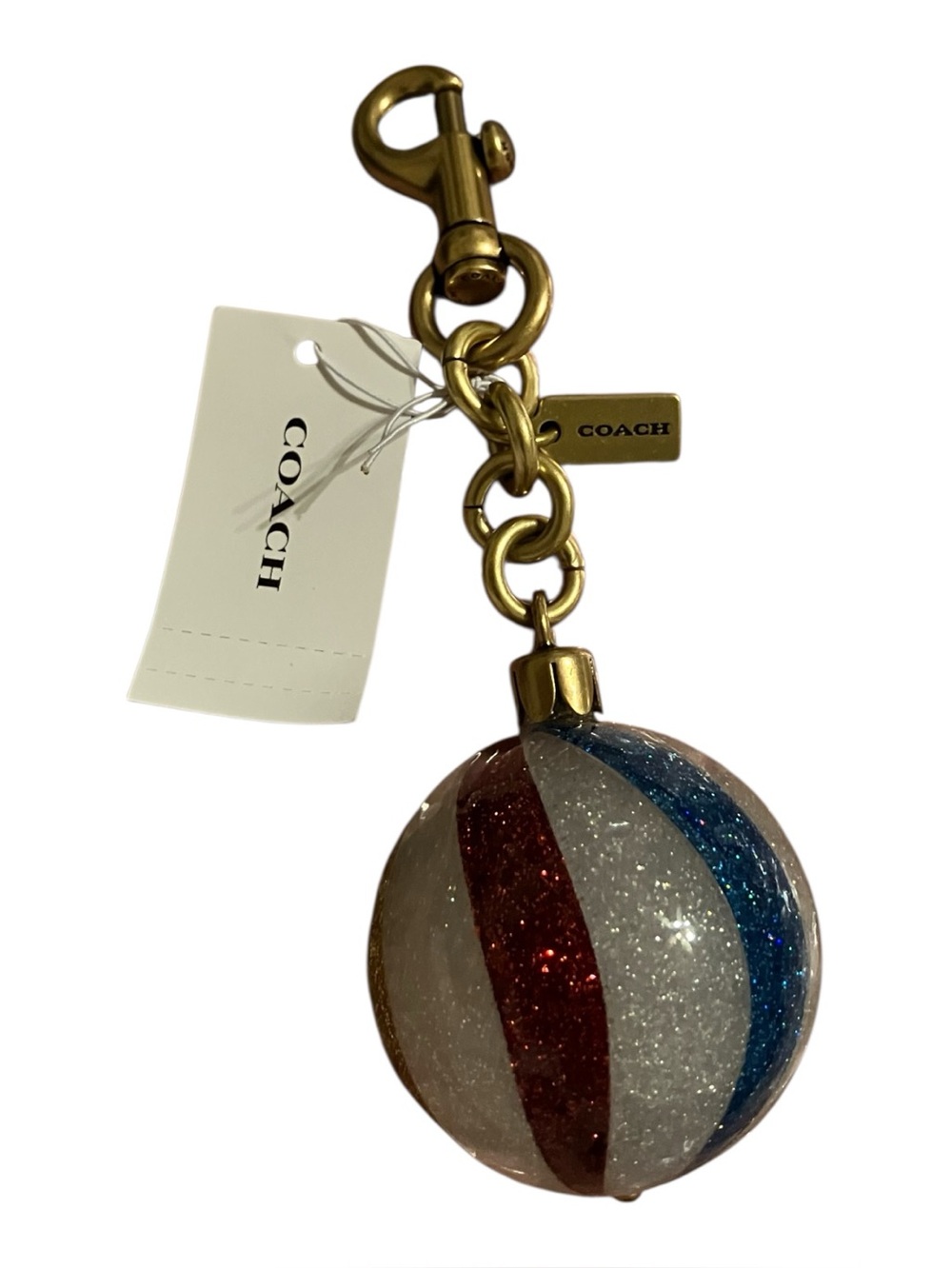 COACH NWT Glitter Stripe Sphere Keychain - Red, Blue, White